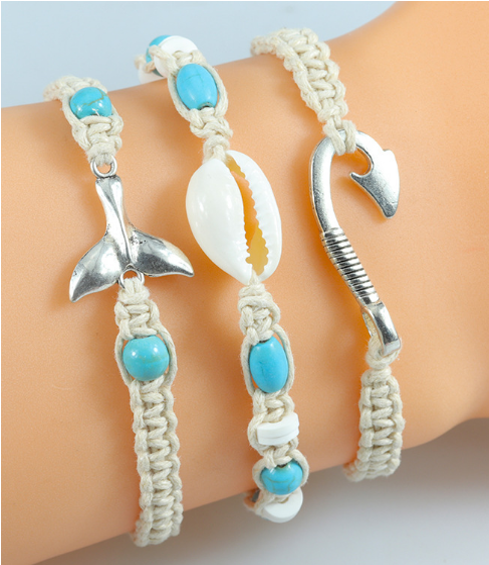 Set of 3 Natural Bracelets w/ Hook, Cowrie & Whale Tail