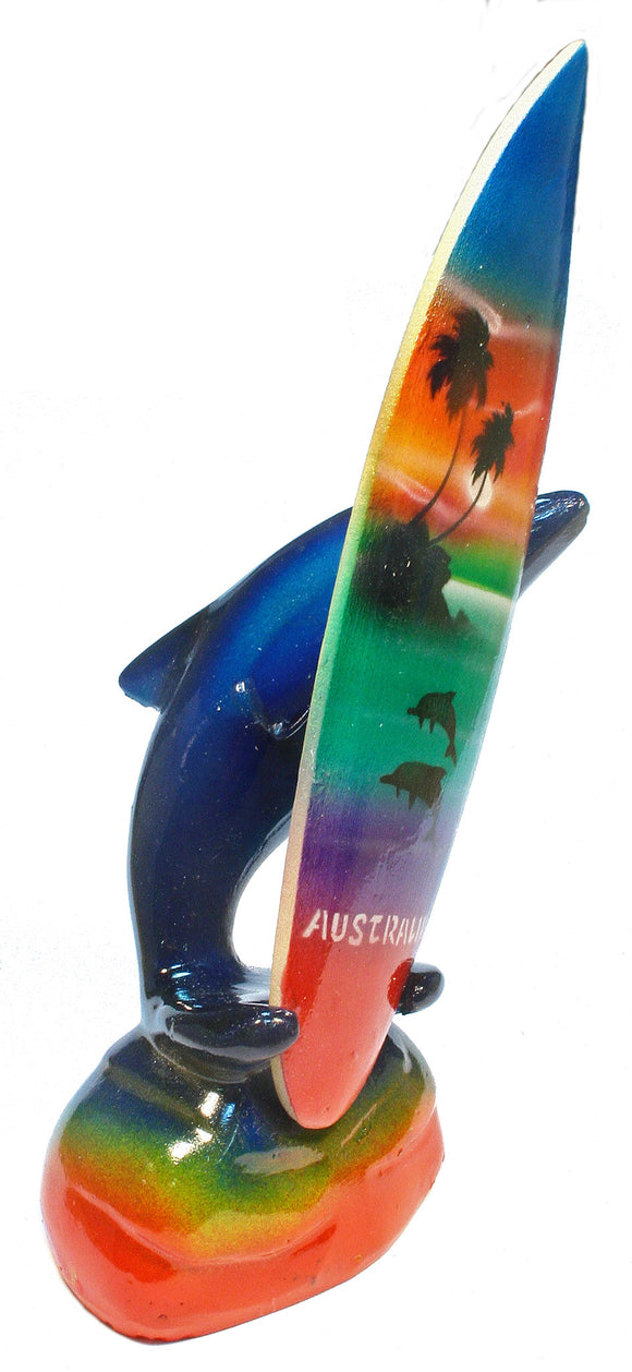 Small Hand Painted Dolphin Wooden Surfboard Stand w/ Blue Dolphin Statue