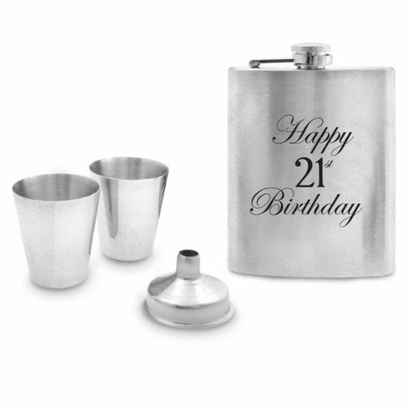 Happy 21st Birthday Hip Flask Boxed Set