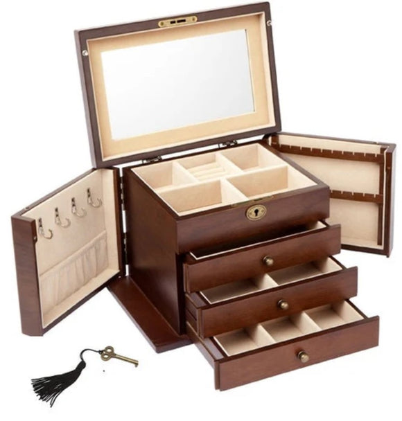 Jewellery Box European Walnut Matt Finish Wood with Side Panels