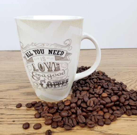 Love and a Good Coffee Typography Mug